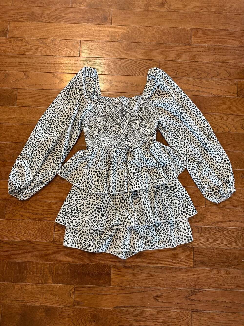 Simplee Animal Print Long Sleeve Tiered Ruffle Romper